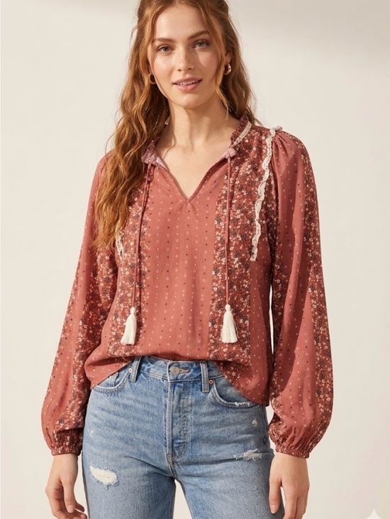Dolan Tops - Dolan Anthropologie Dusty Rose Mixed-Print Tassel Peasant Blouse